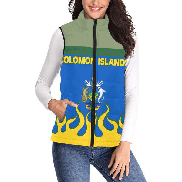 Solomon Islands Women Padded Jacket Vest Flag & Coat Of Arms Fire Hockey Style