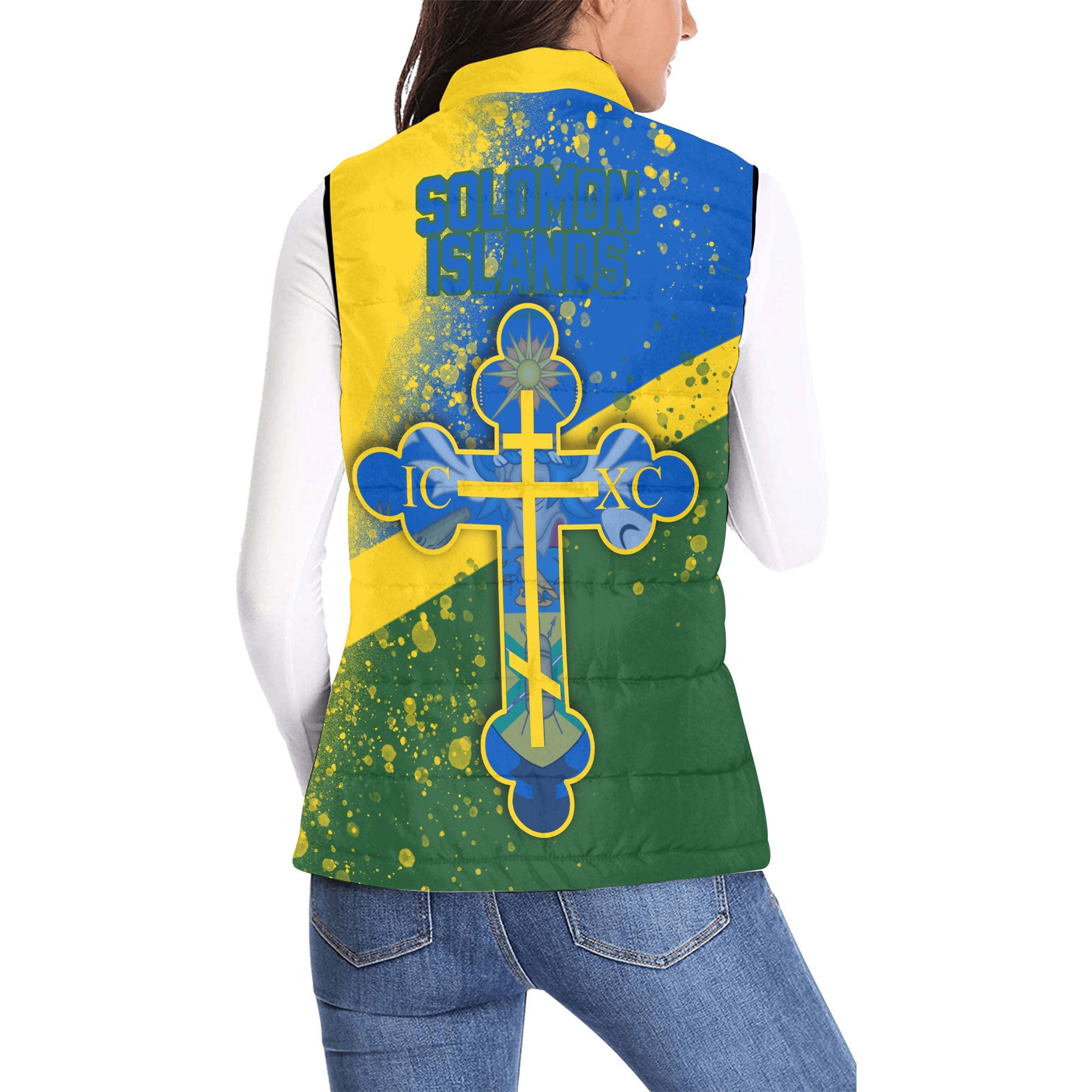 Solomon Islands Women Padded Jacket Vest Flag & Coat Of Arms Orthodox Style