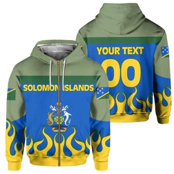 Solomon Islands Zip Hoodie Flag & Coat Of Arms Fire Hockey Style