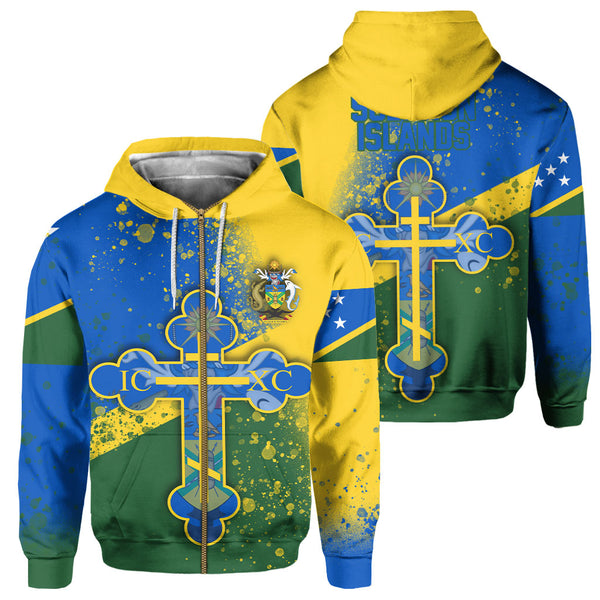 Solomon Islands Zip Hoodie Flag & Coat Of Arms Orthodox Style