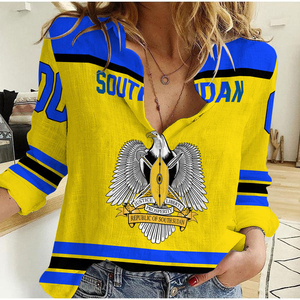South Sudan Women Casual Shirt Flag & Coat Of Arms Hockey Style
