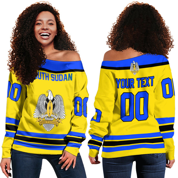 South Sudan Women Off Shoulder Sweatshirt Flag & Coat Of Arms Hockey Style