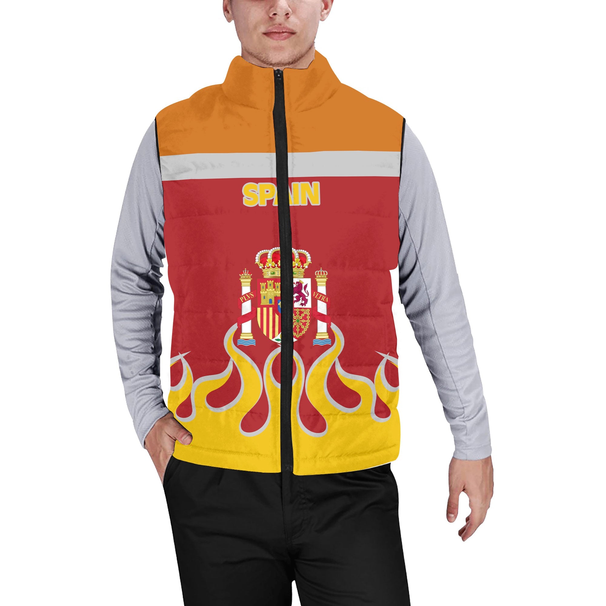 Spain Men Padded Jacket Vest Flag & Coat Of Arms Fire Hockey Style