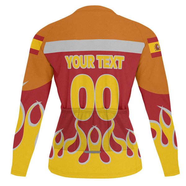 Spain Men's Cycling Jersey Long Sleeve Flag & Coat Of Arms Fire Hockey Style