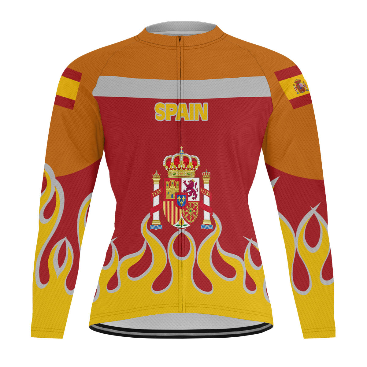 Spain Men's Cycling Jersey Long Sleeve Flag & Coat Of Arms Fire Hockey Style