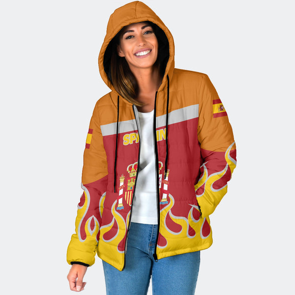 Spain Women Hooded Padded Jacket Flag & Coat Of Arms Fire Hockey Style