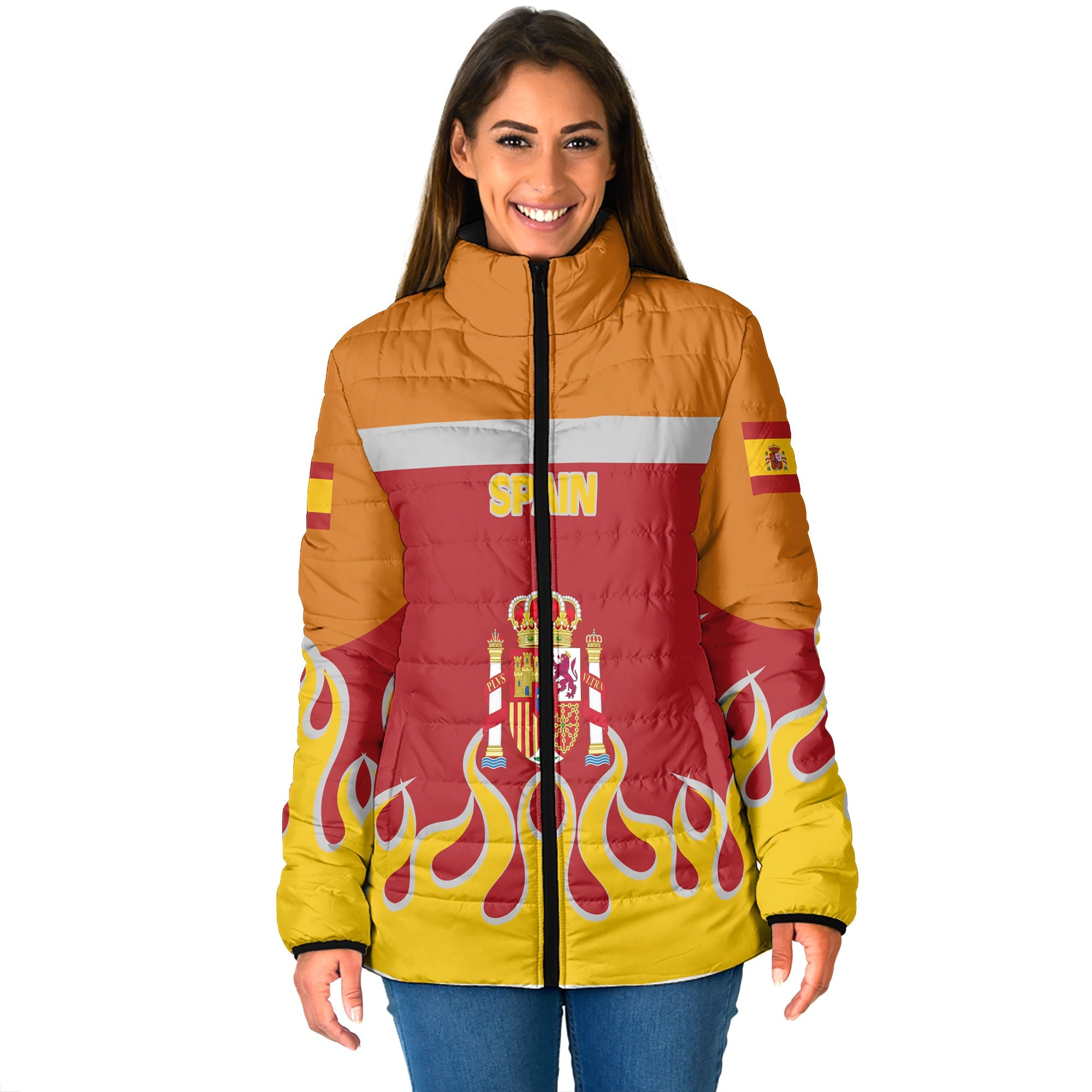 Spain Women Padded Jacket Flag & Coat Of Arms Fire Hockey Style