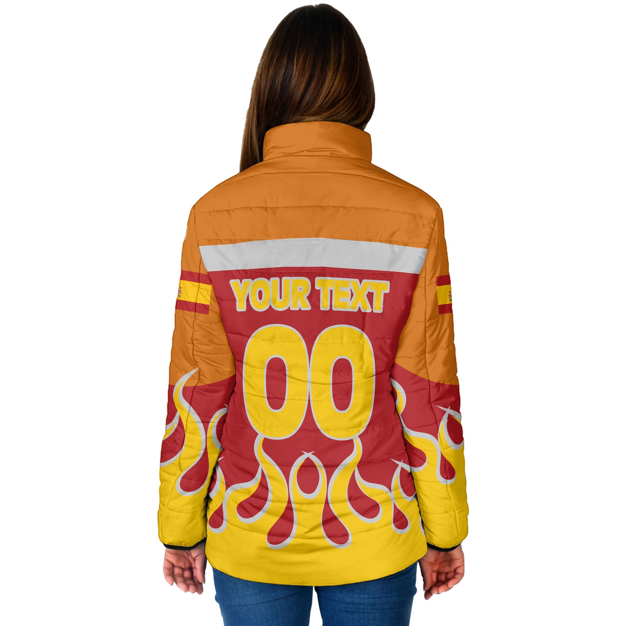 Spain Women Padded Jacket Flag & Coat Of Arms Fire Hockey Style