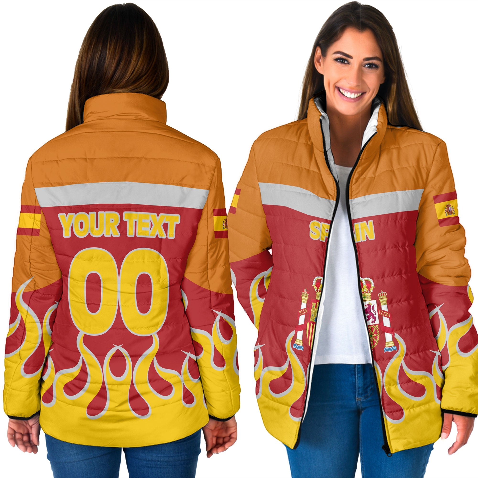 Spain Women Padded Jacket Flag & Coat Of Arms Fire Hockey Style