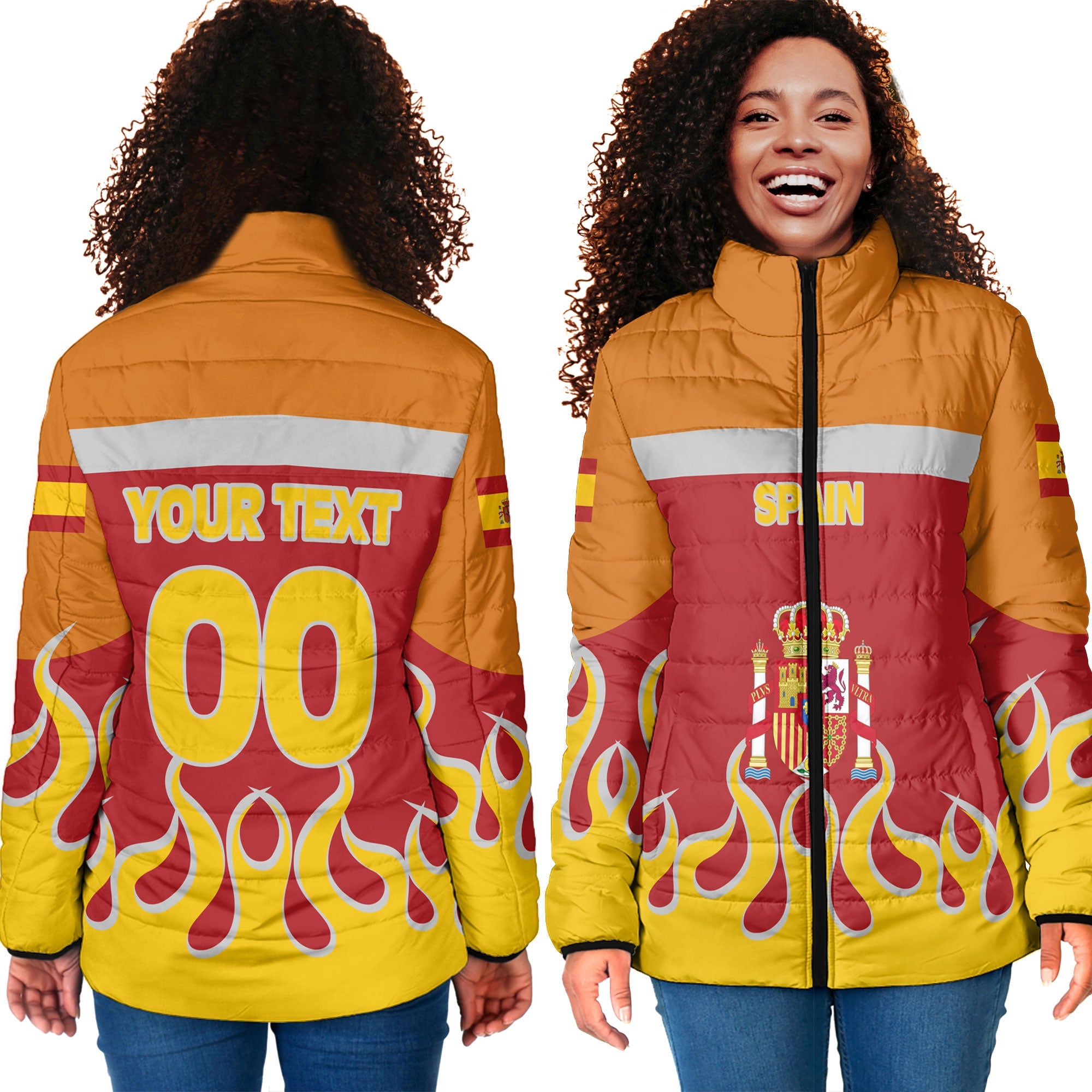 Spain Women Padded Jacket Flag & Coat Of Arms Fire Hockey Style