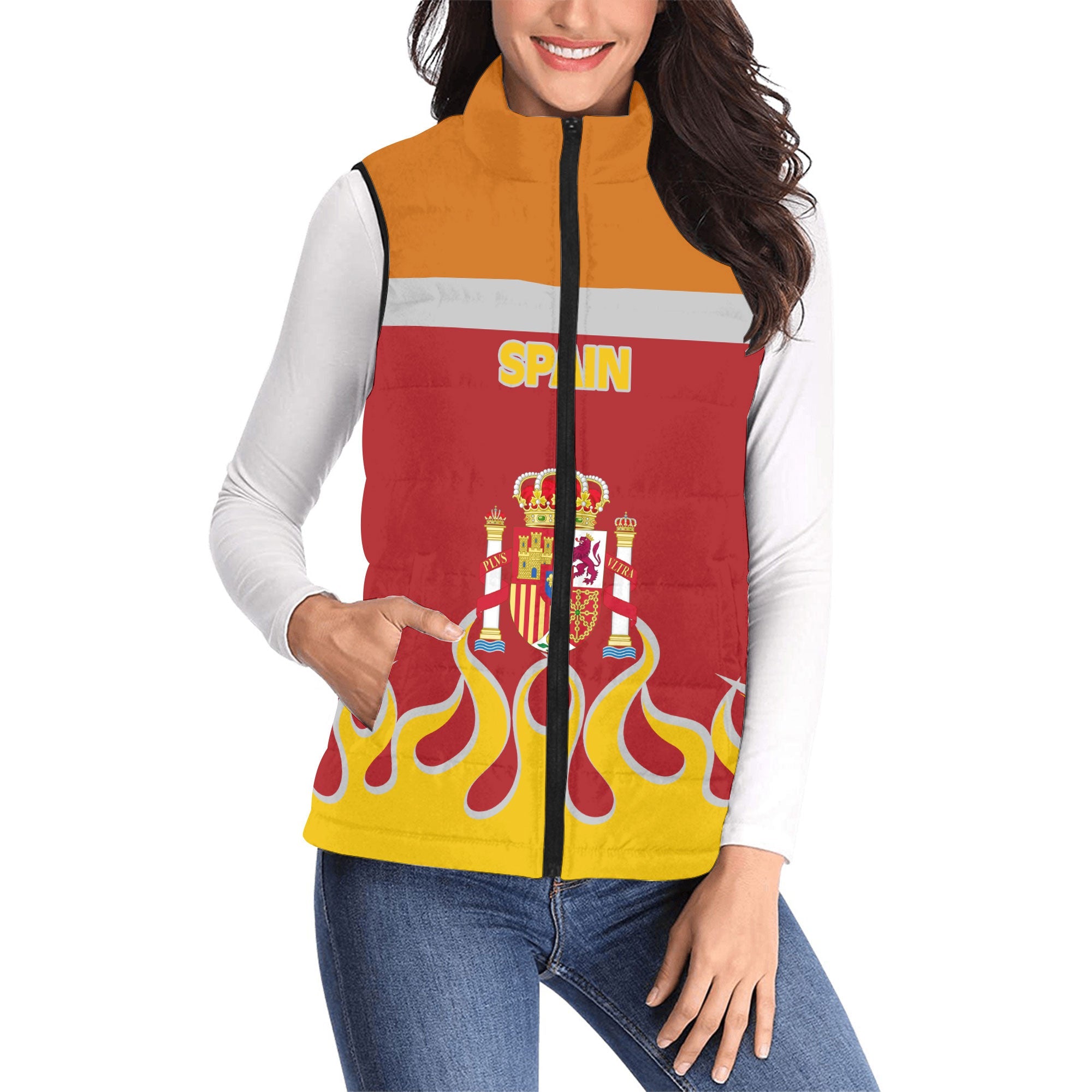 Spain Women Padded Jacket Vest Flag & Coat Of Arms Fire Hockey Style