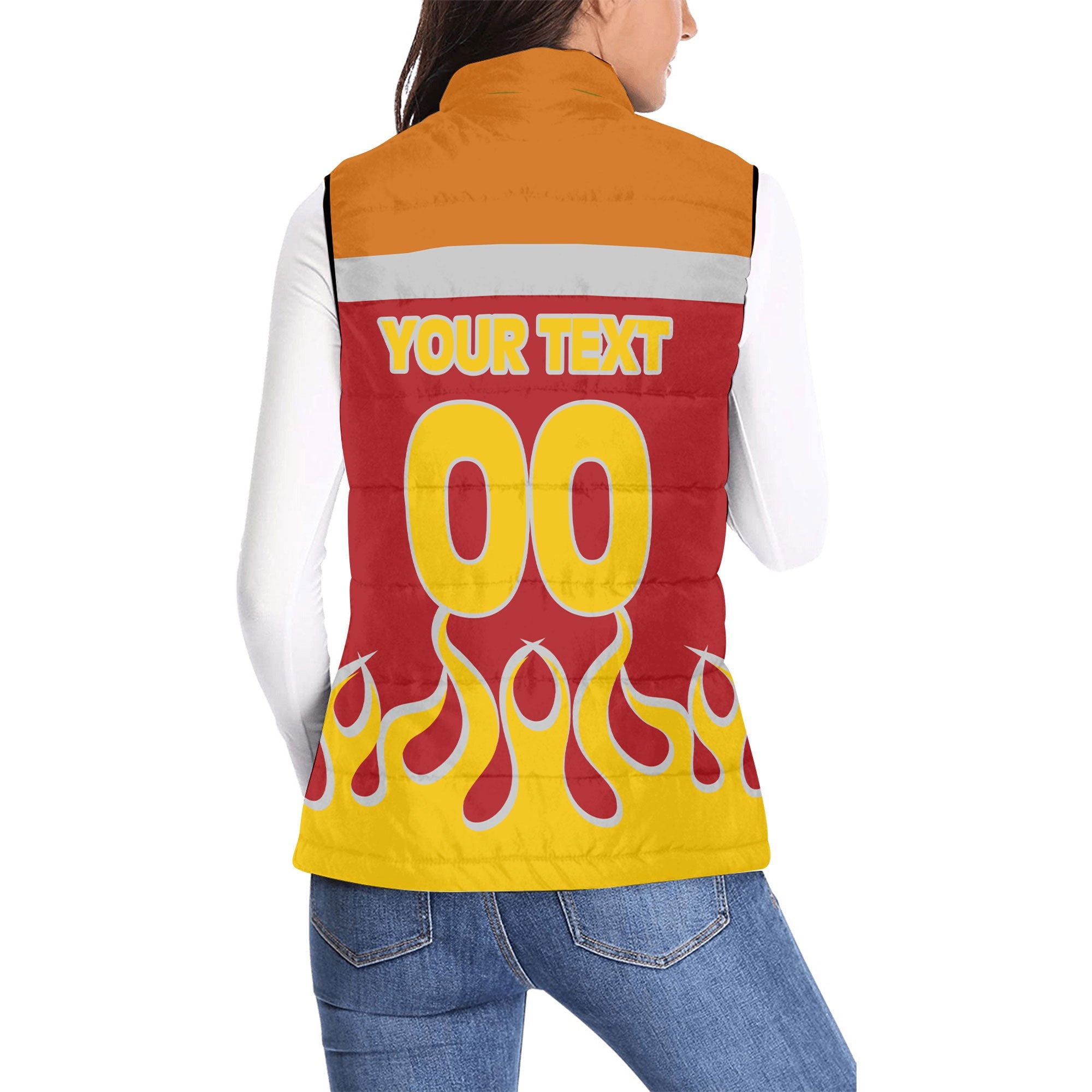 Spain Women Padded Jacket Vest Flag & Coat Of Arms Fire Hockey Style