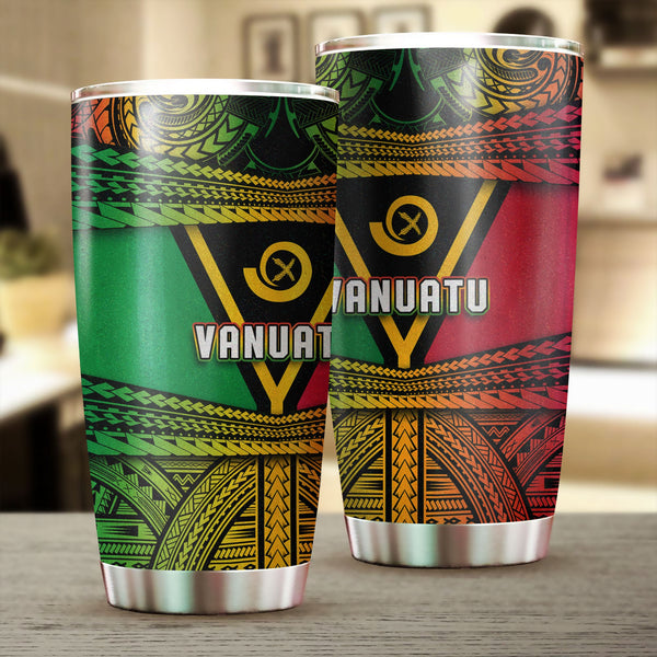 Vanuatu Flag & Coat Of Arms Stainless Steel Glitter Tumbler Reggae Style