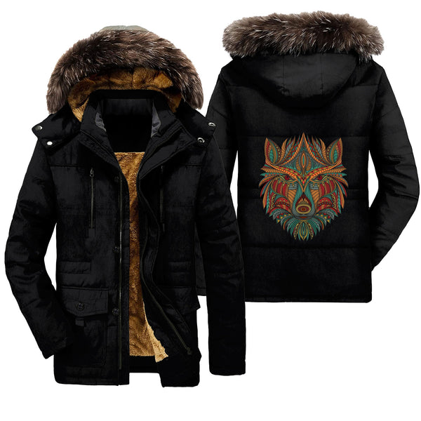 Viking Parka Jacket Stylized Wolf In Ethnic Dark Background