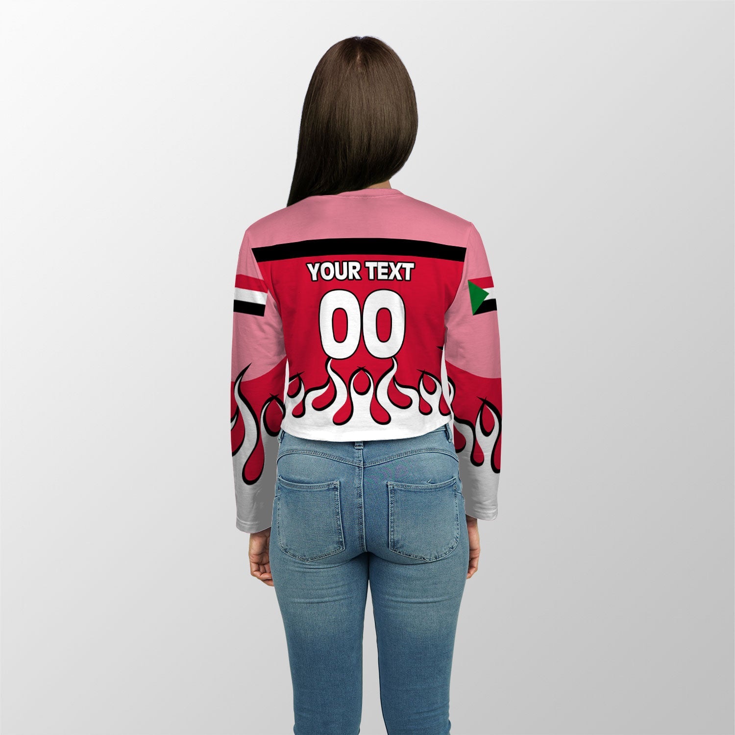 Sudan Crop Top Long TShirt Flag & Coat Of Arms Fire Hockey Style