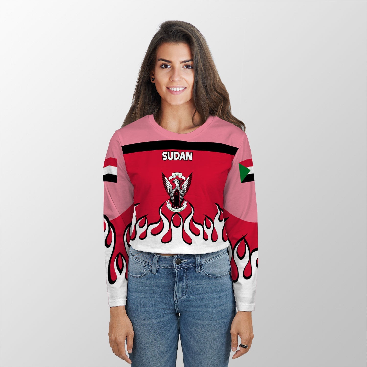 Sudan Crop Top Long TShirt Flag & Coat Of Arms Fire Hockey Style