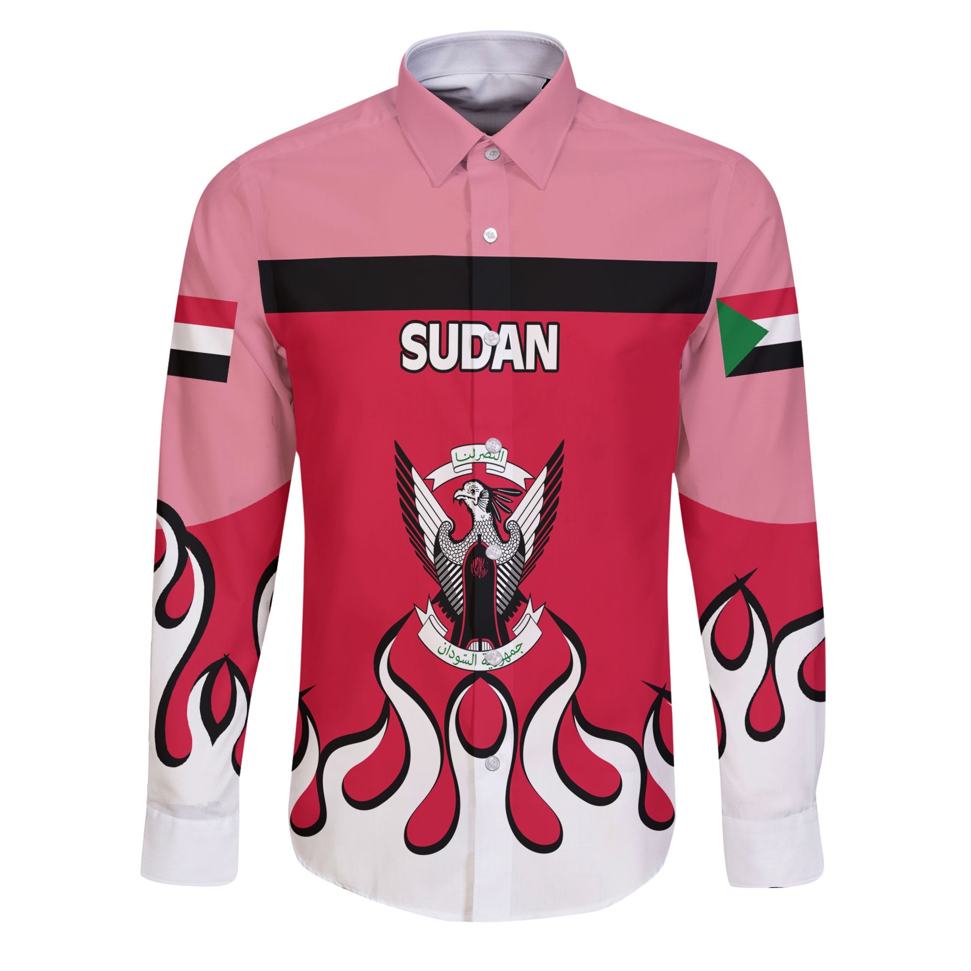 Sudan Long Sleeve Button Shirt Flag & Coat Of Arms Fire Hockey Style