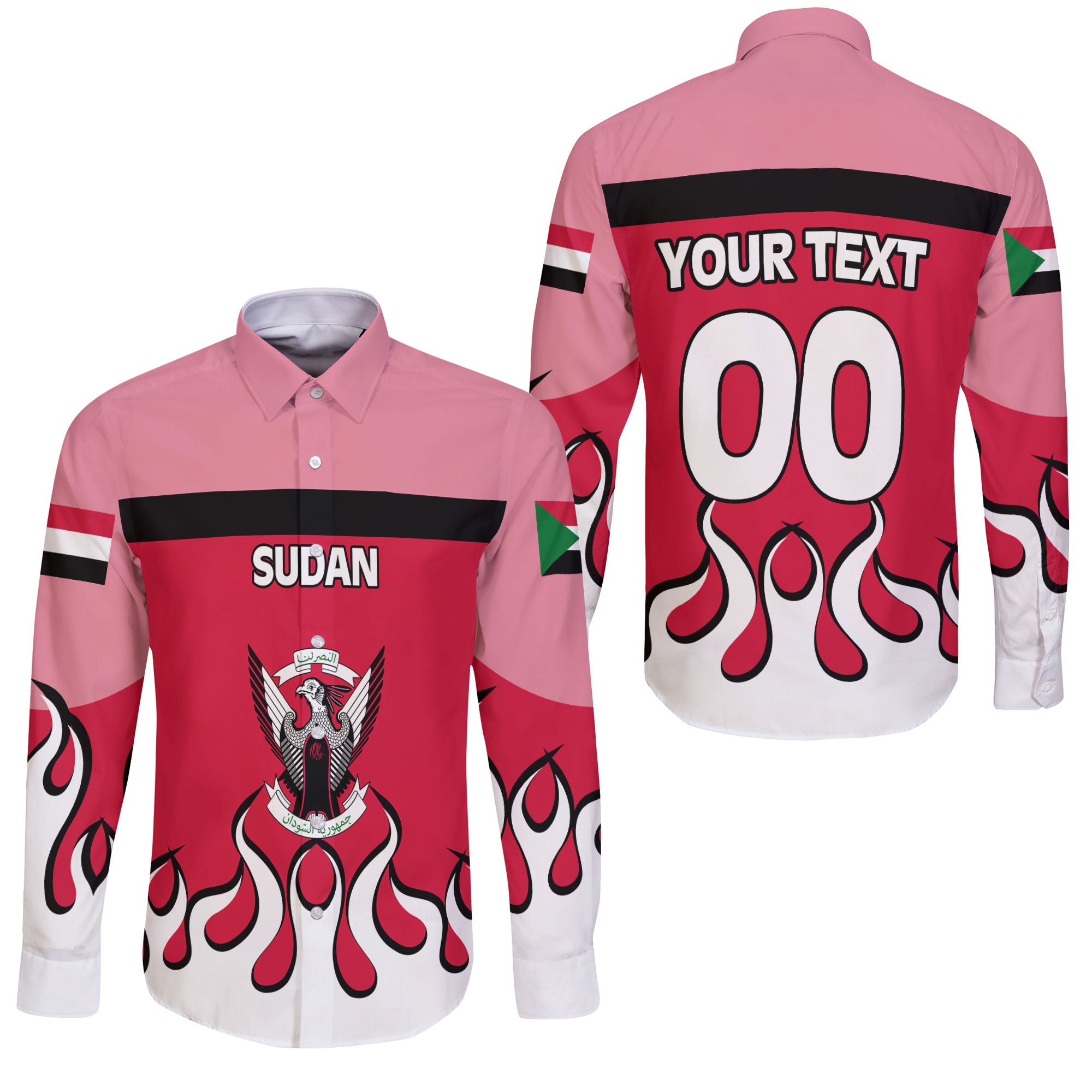 Sudan Long Sleeve Button Shirt Flag & Coat Of Arms Fire Hockey Style