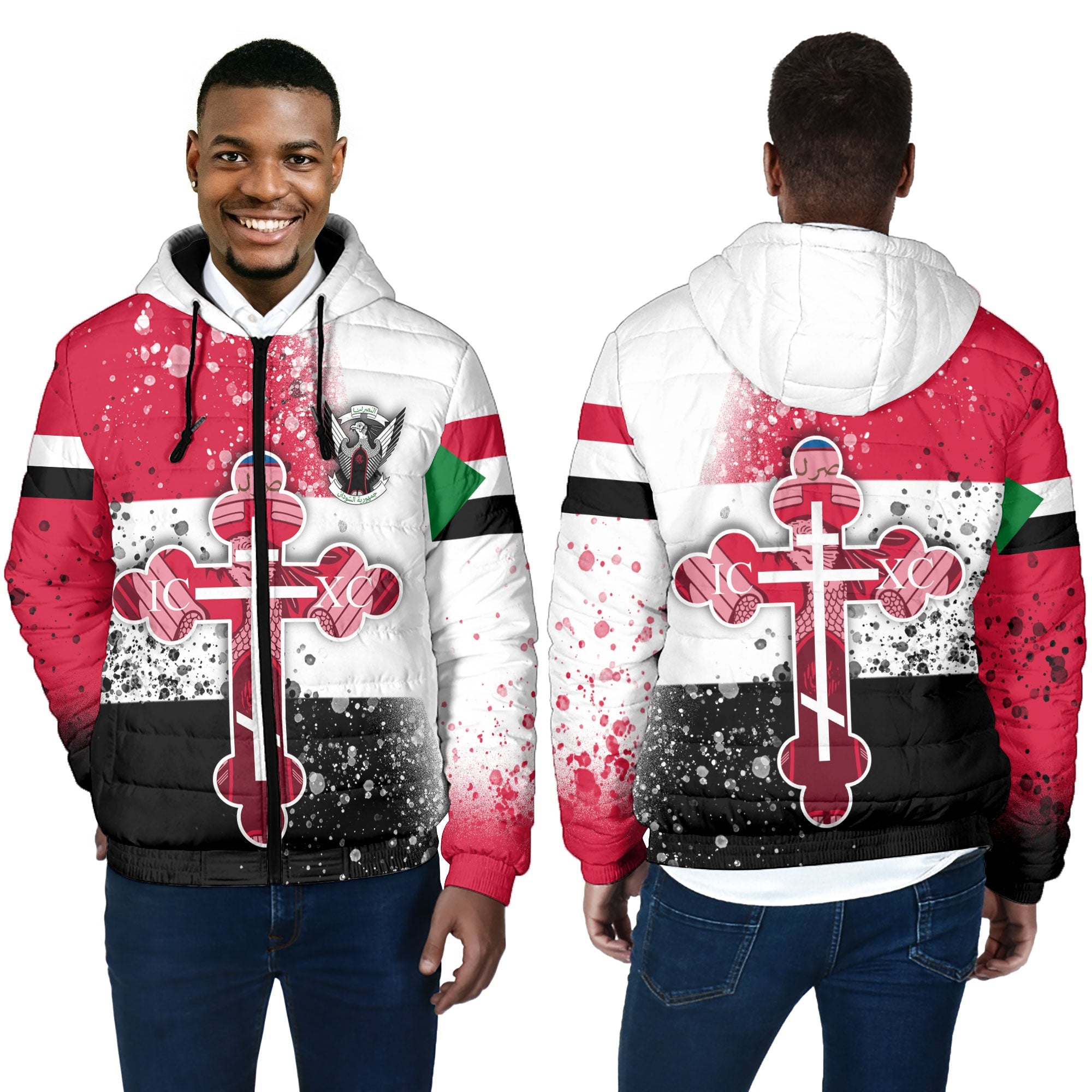 Sudan Men Hooded Padded Jacket Flag & Coat Of Arms Orthodox Style