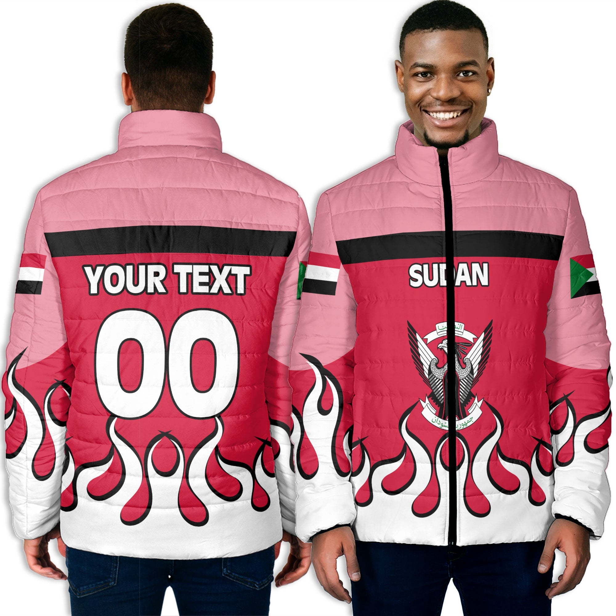 Sudan Men Padded Jacket Flag & Coat Of Arms Fire Hockey Style