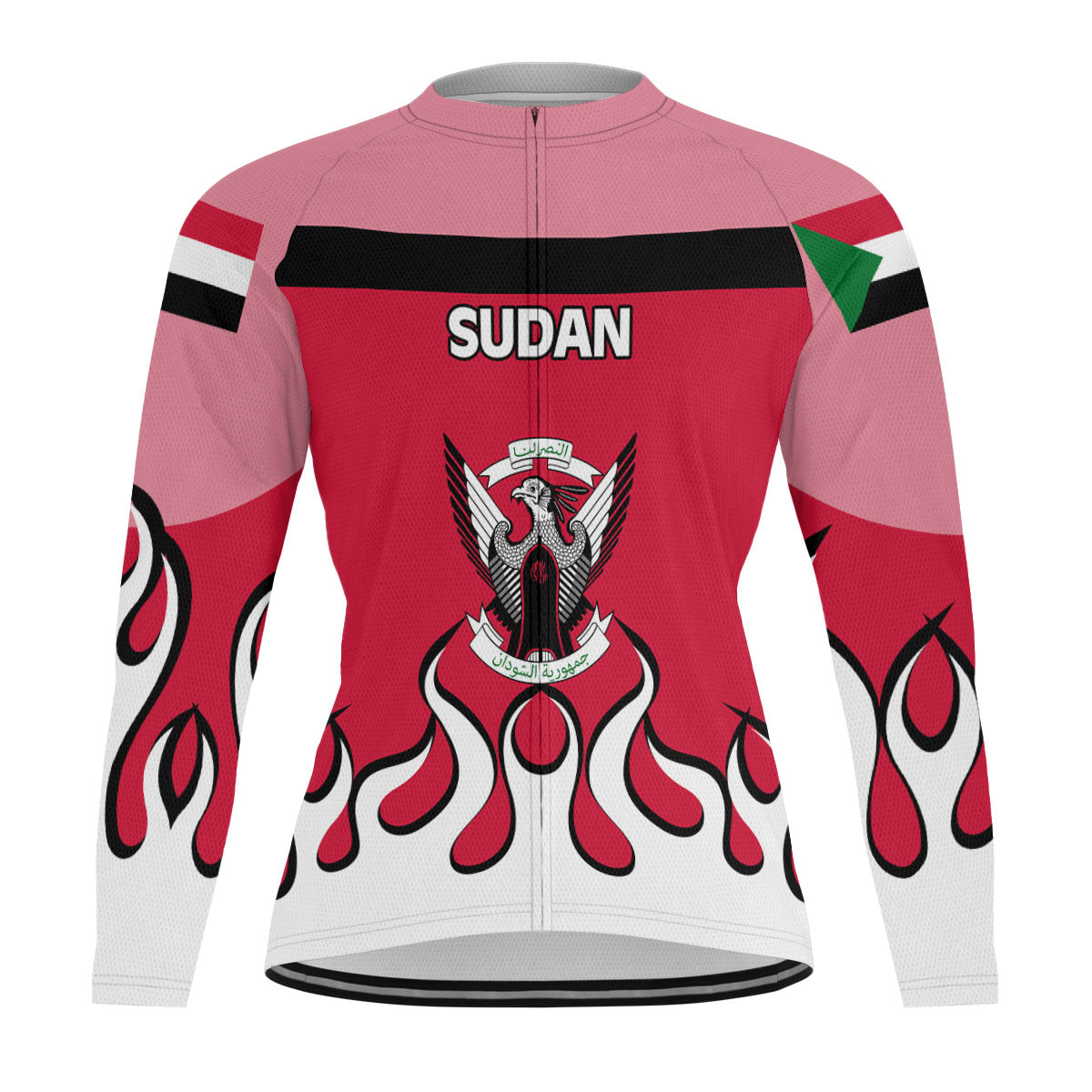 Sudan Men's Cycling Jersey Long Sleeve Flag & Coat Of Arms Fire Hockey Style