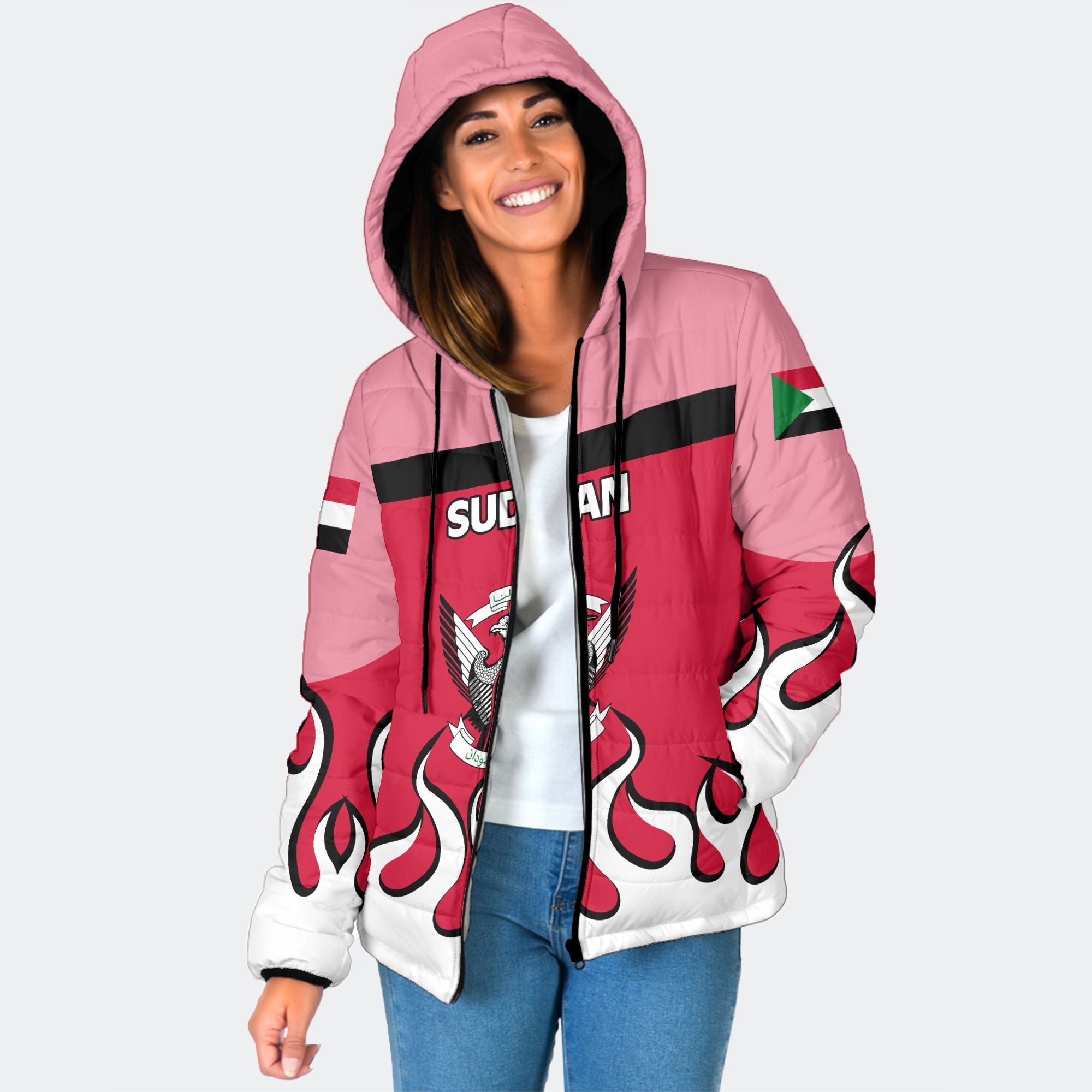 Sudan Women Hooded Padded Jacket Flag & Coat Of Arms Fire Hockey Style