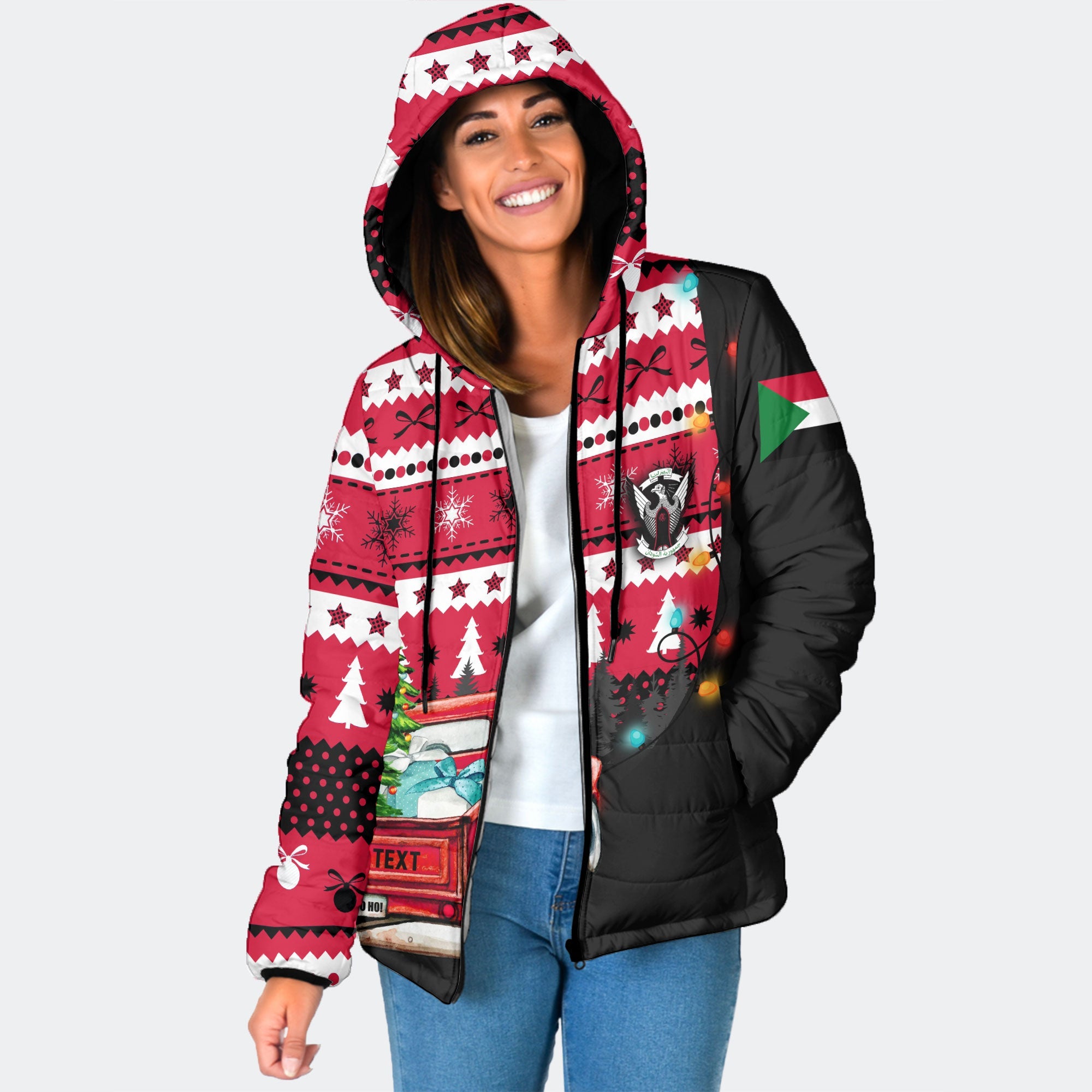 Sudan Women Hooded Padded Jacket Coat Of Arms Christmas Style