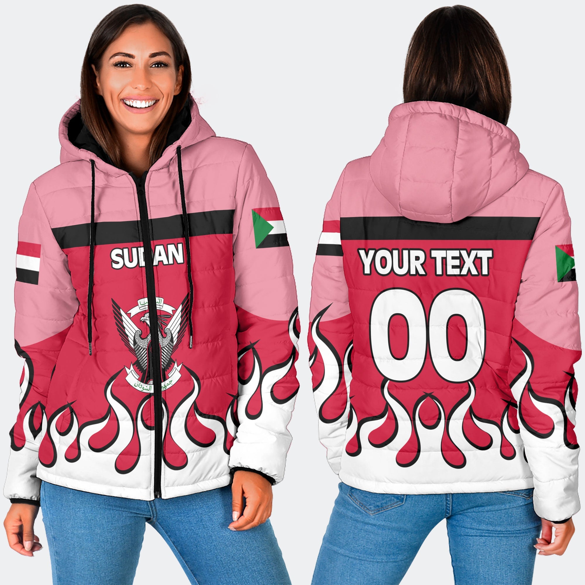 Sudan Women Hooded Padded Jacket Flag & Coat Of Arms Fire Hockey Style