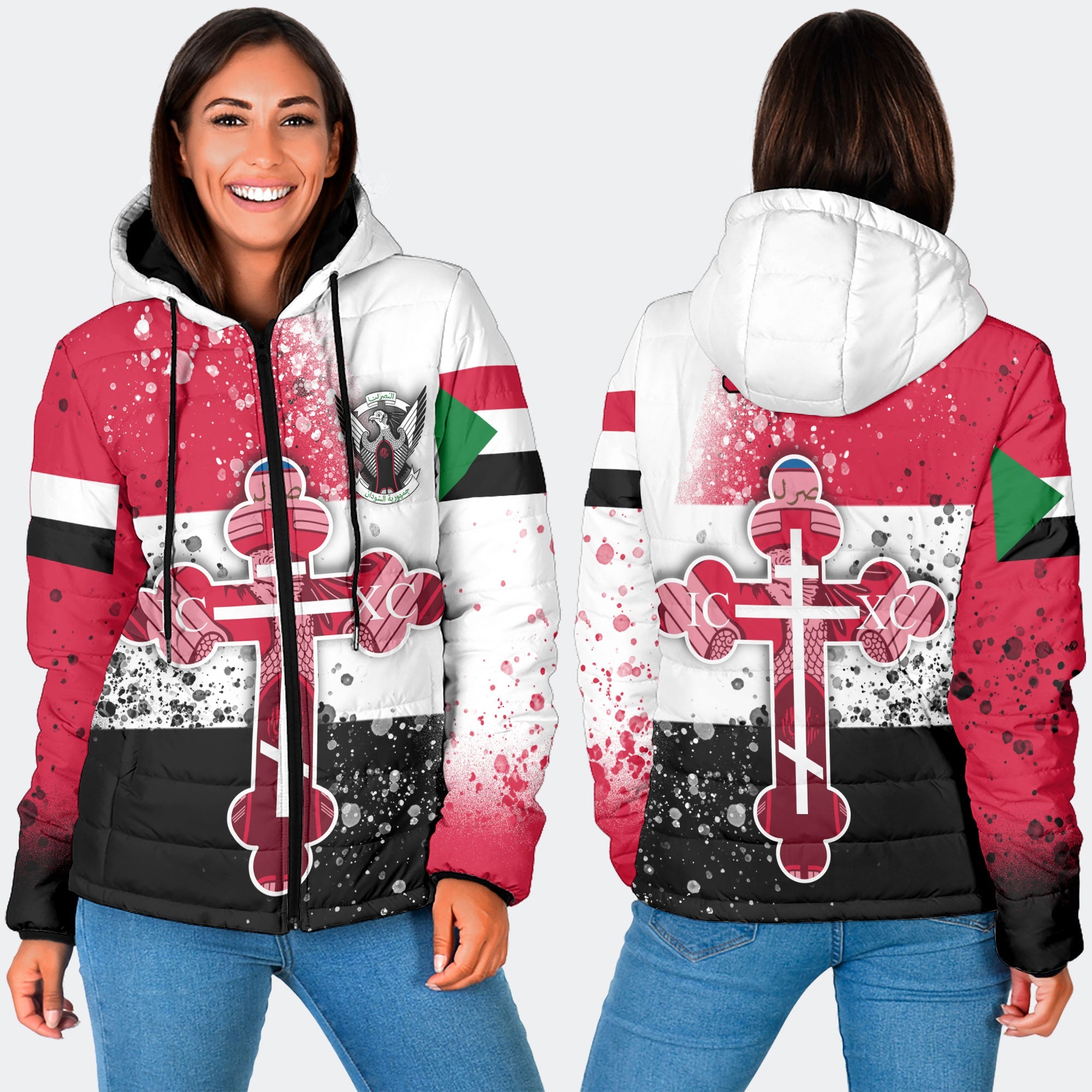 Sudan Women Hooded Padded Jacket Flag & Coat Of Arms Orthodox Style