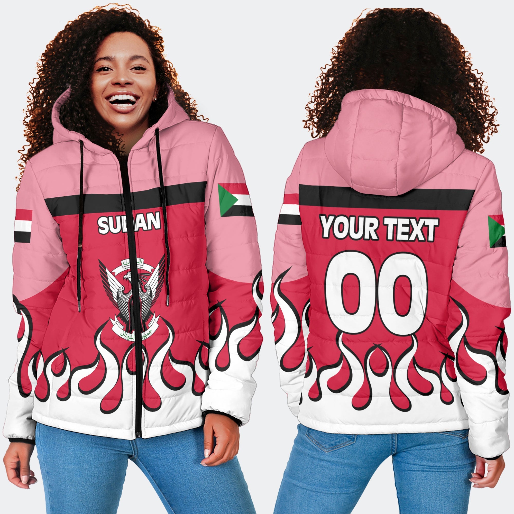 Sudan Women Hooded Padded Jacket Flag & Coat Of Arms Fire Hockey Style