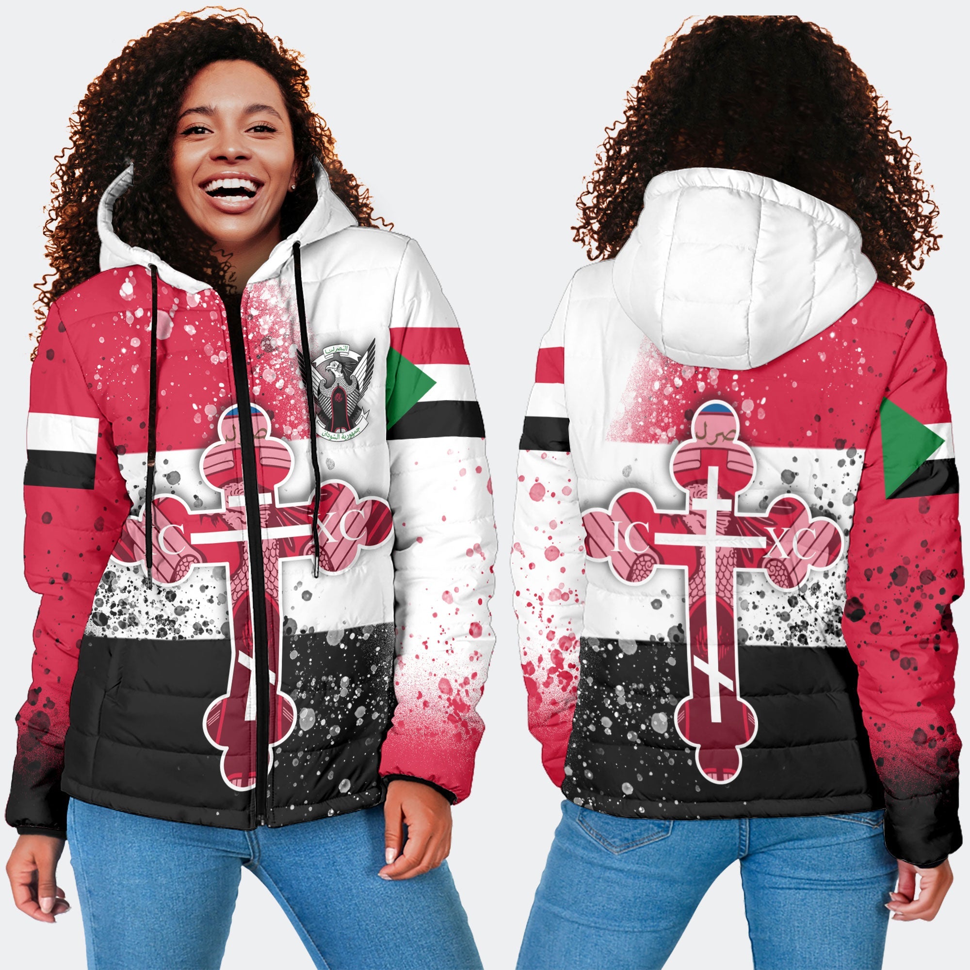 Sudan Women Hooded Padded Jacket Flag & Coat Of Arms Orthodox Style