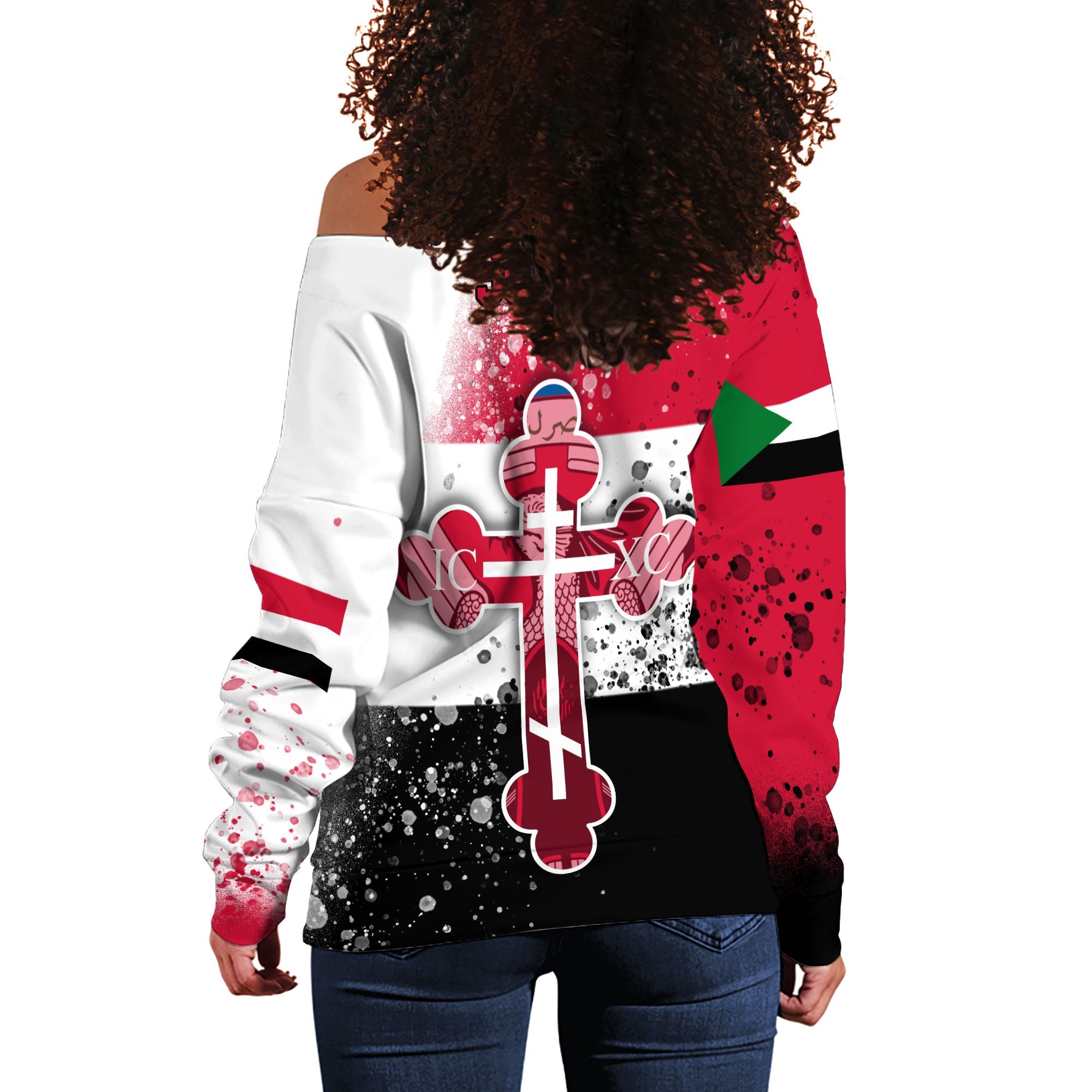 Sudan Women Off Shoulder Sweatshirt Flag & Coat Of Arms Orthodox Style