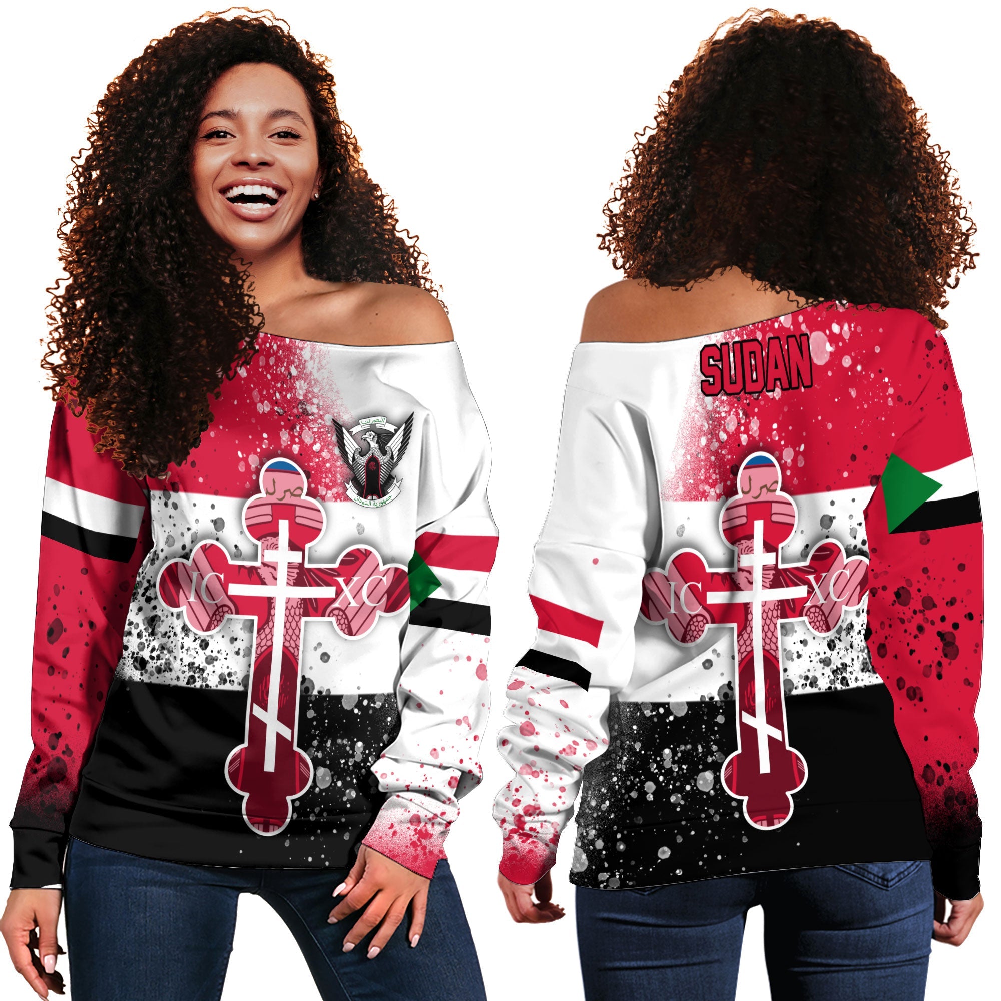 Sudan Women Off Shoulder Sweatshirt Flag & Coat Of Arms Orthodox Style