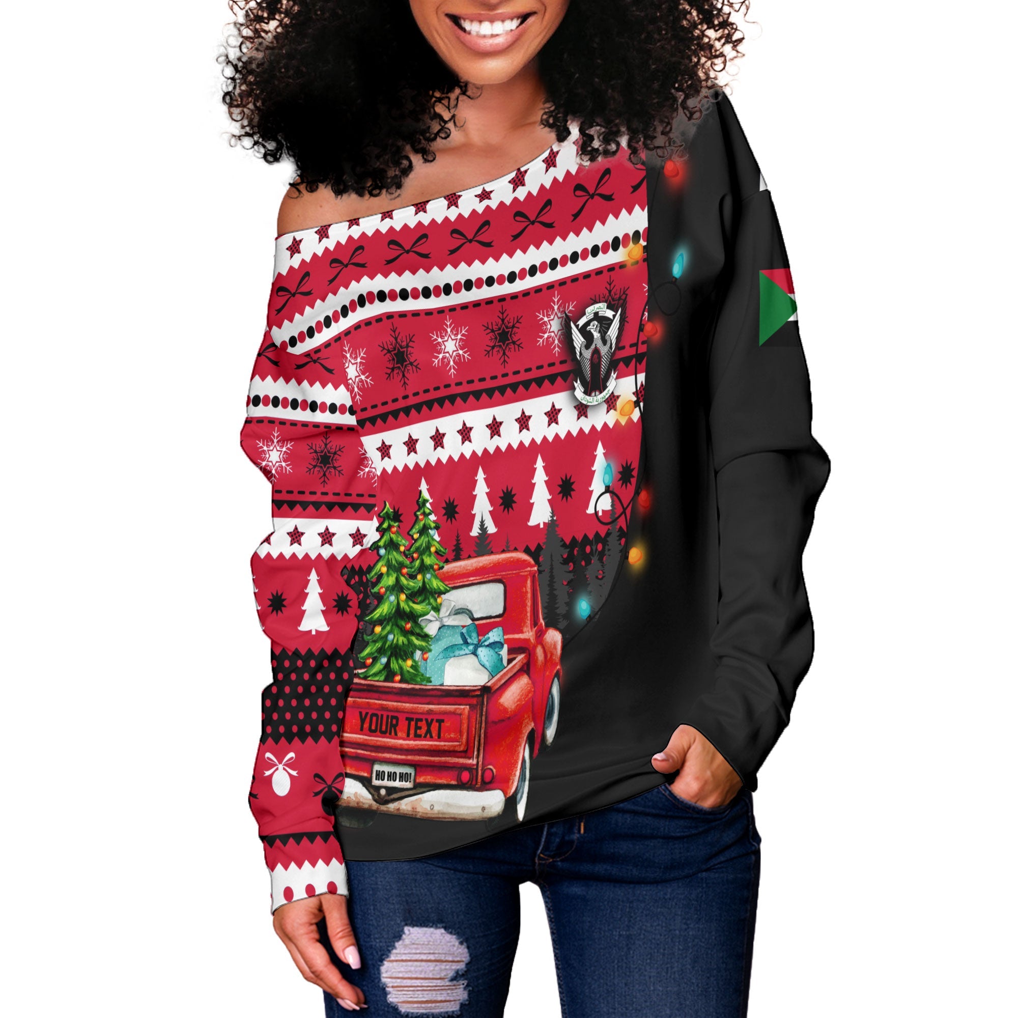 Sudan Women Off Shoulder Sweatshirt Coat Of Arms Christmas Style