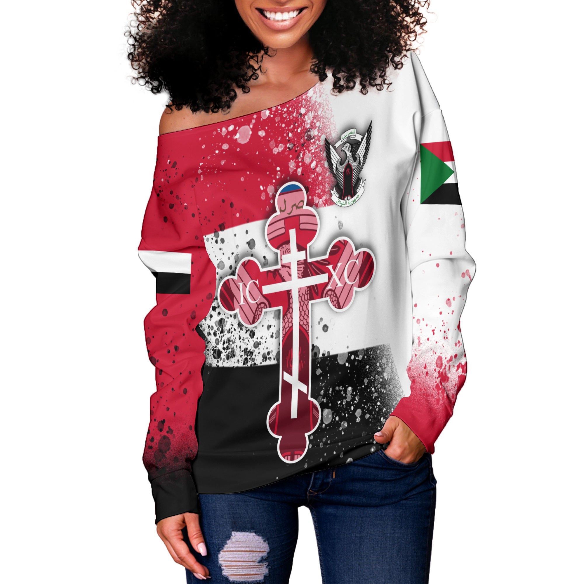 Sudan Women Off Shoulder Sweatshirt Flag & Coat Of Arms Orthodox Style