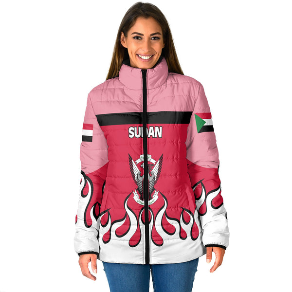 Sudan Women Padded Jacket Flag & Coat Of Arms Fire Hockey Style