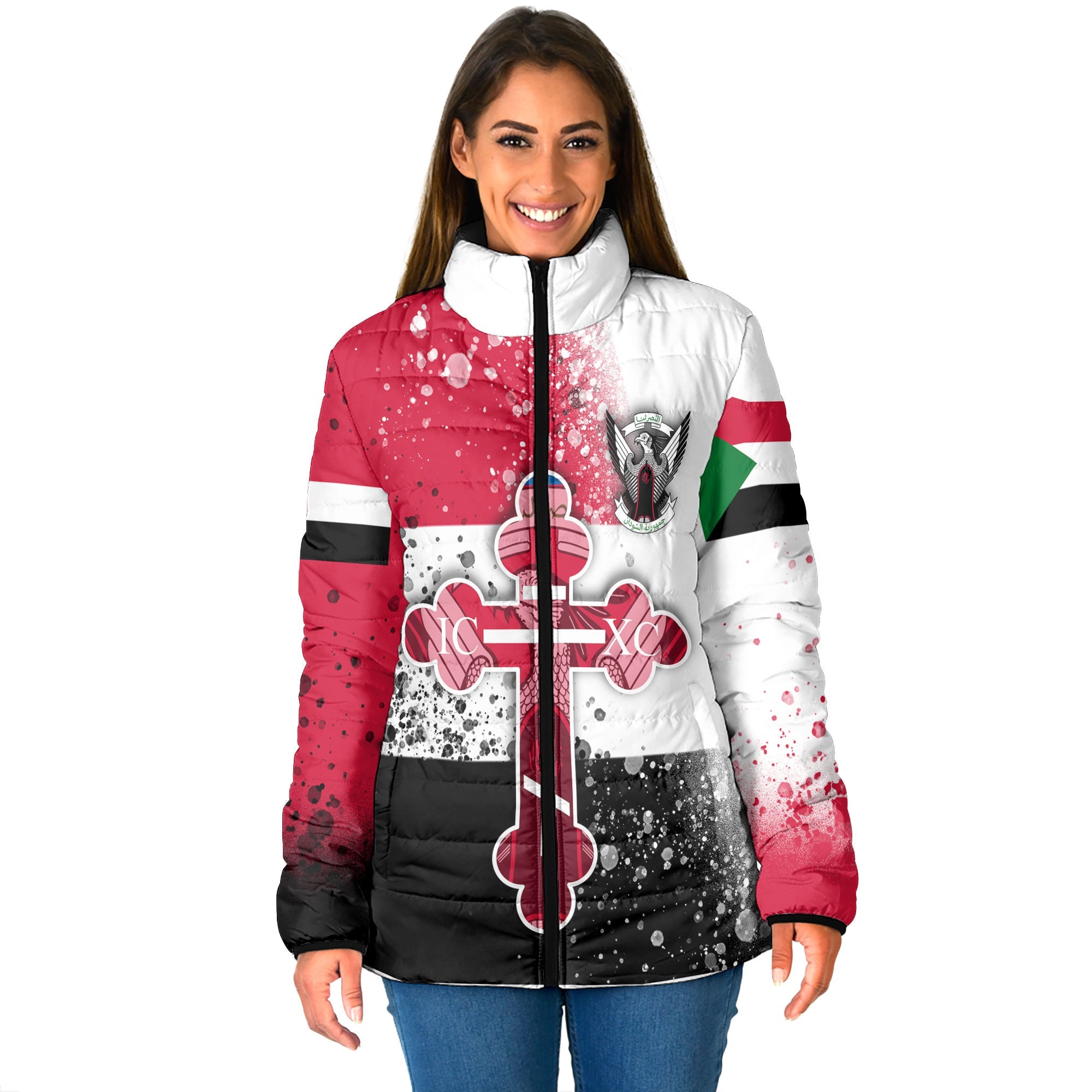 Sudan Women Padded Jacket Flag & Coat Of Arms Orthodox Style