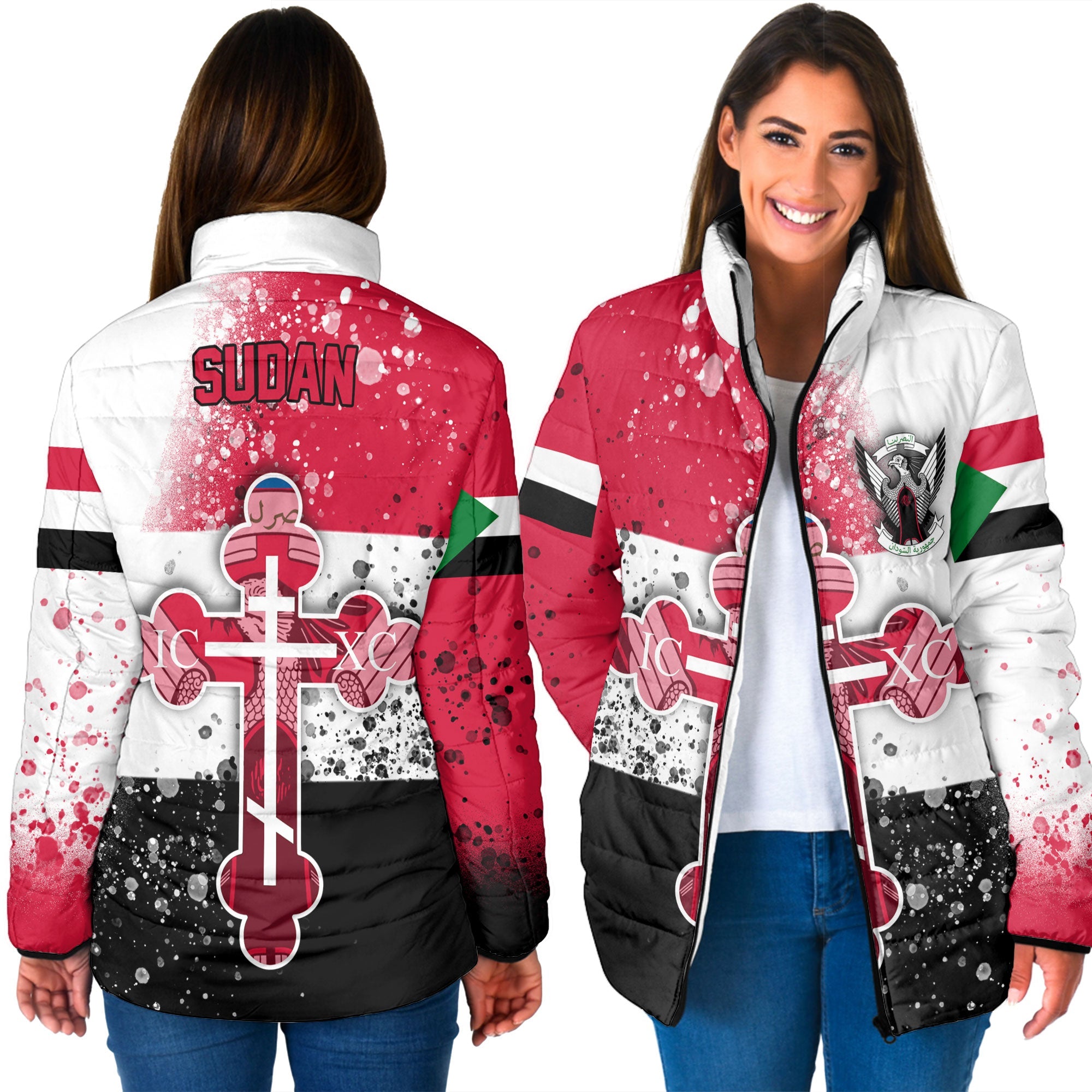 Sudan Women Padded Jacket Flag & Coat Of Arms Orthodox Style