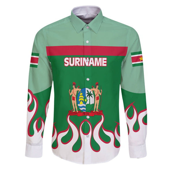 Suriname Long Sleeve Button Shirt Flag & Coat Of Arms Fire Hockey Style