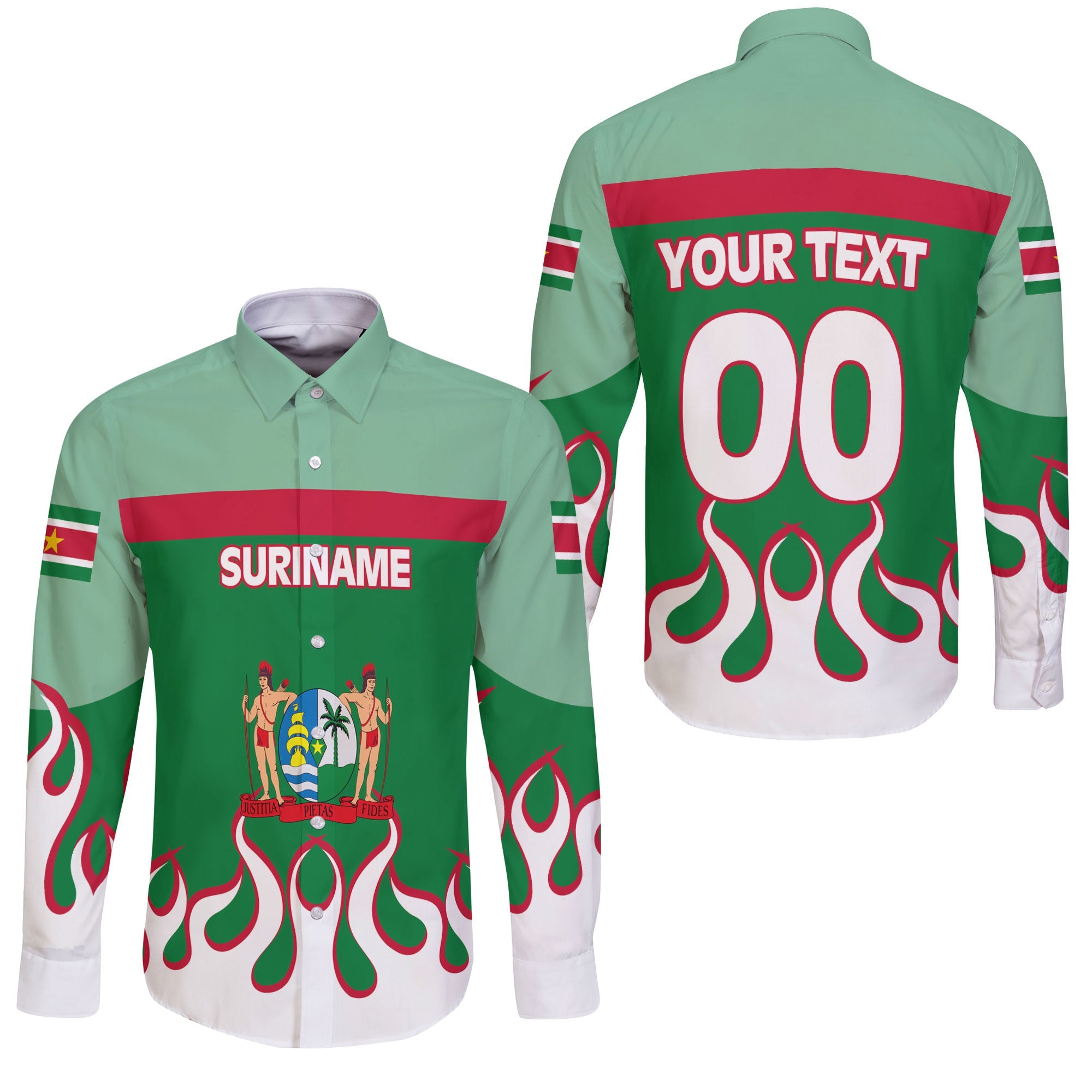 Suriname Long Sleeve Button Shirt Flag & Coat Of Arms Fire Hockey Style