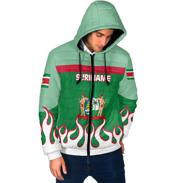 Suriname Men Hooded Padded Jacket Flag & Coat Of Arms Fire Hockey Style