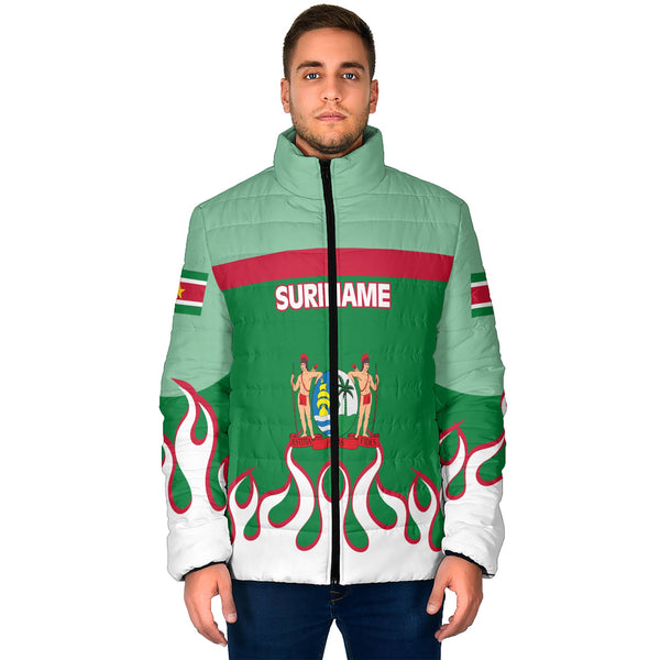 Suriname Men Padded Jacket Flag & Coat Of Arms Fire Hockey Style