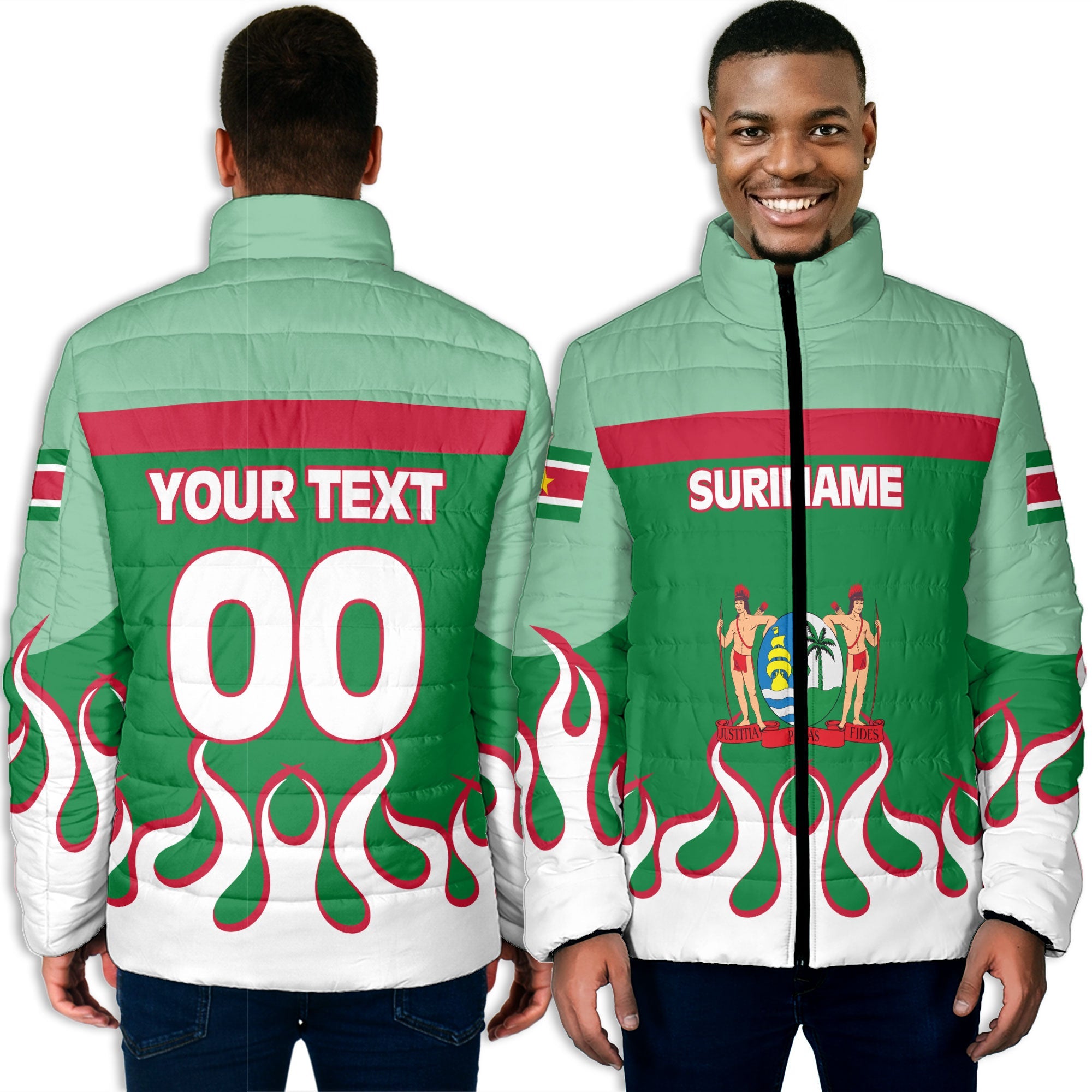 Suriname Men Padded Jacket Flag & Coat Of Arms Fire Hockey Style