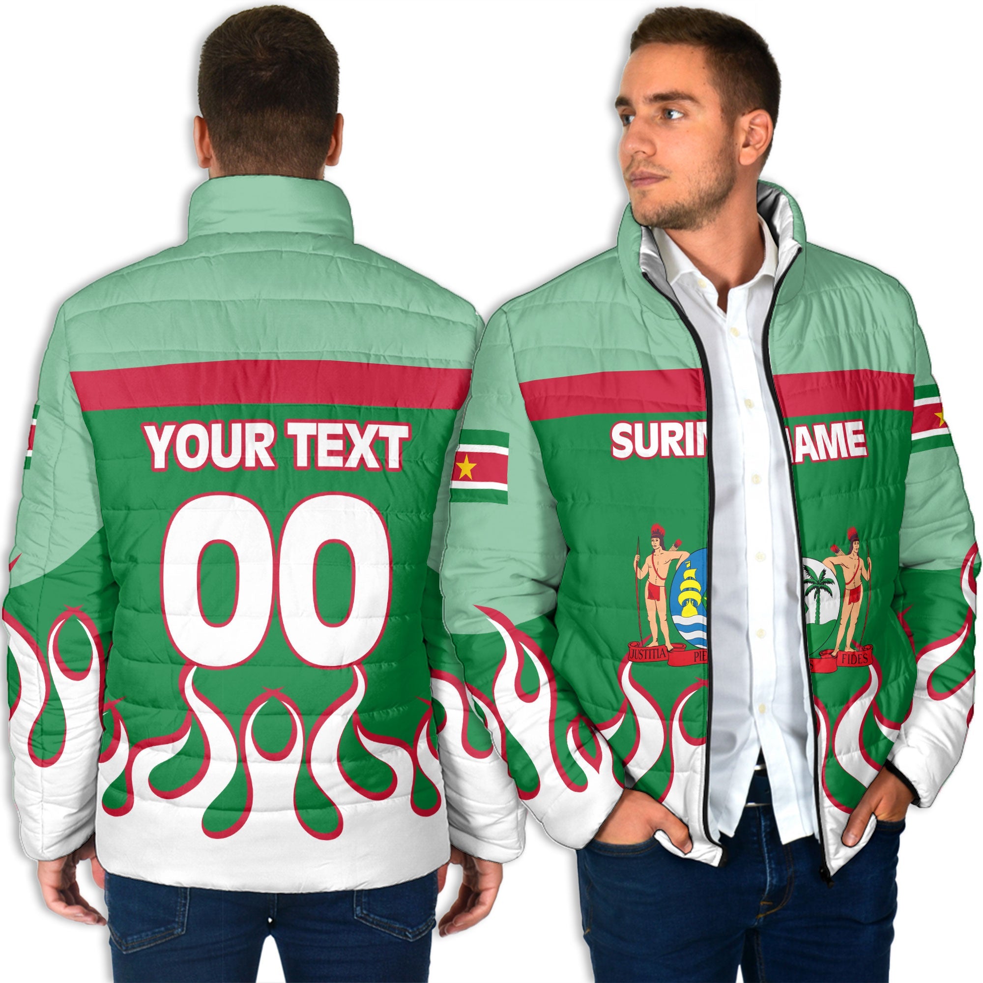 Suriname Men Padded Jacket Flag & Coat Of Arms Fire Hockey Style