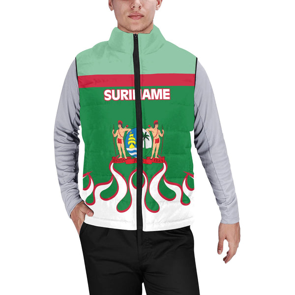 Suriname Men Padded Jacket Vest Flag & Coat Of Arms Fire Hockey Style