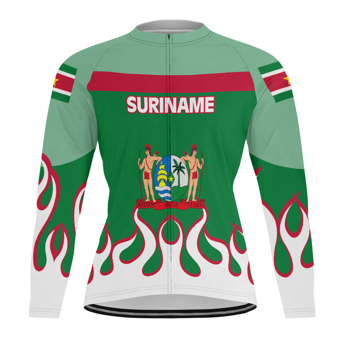 Suriname Men's Cycling Jersey Long Sleeve Flag & Coat Of Arms Fire Hockey Style