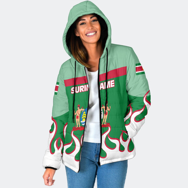 Suriname Women Hooded Padded Jacket Flag & Coat Of Arms Fire Hockey Style