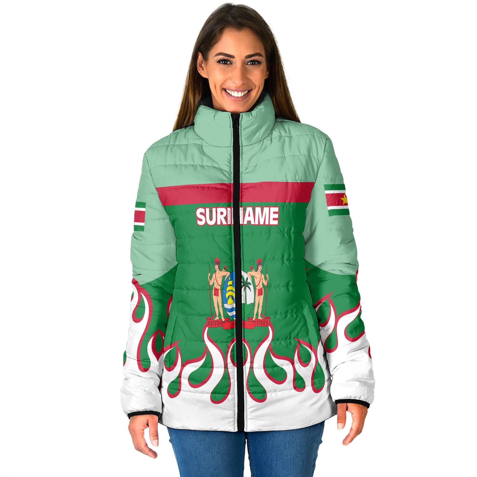 Suriname Women Padded Jacket Flag & Coat Of Arms Fire Hockey Style