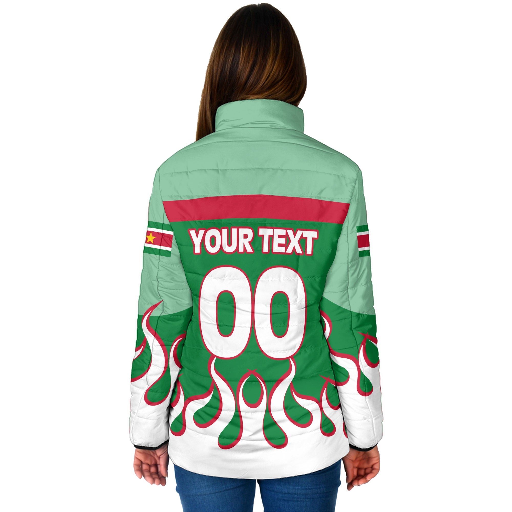 Suriname Women Padded Jacket Flag & Coat Of Arms Fire Hockey Style