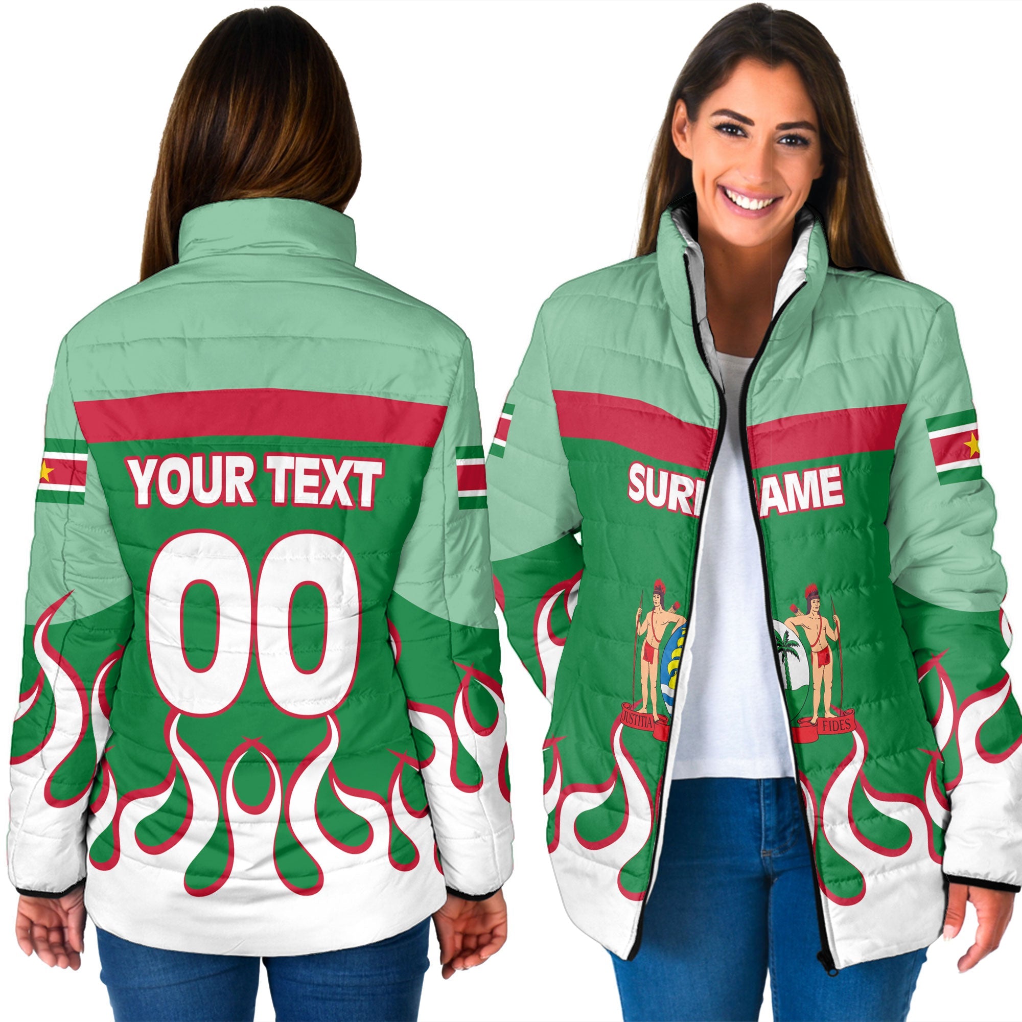 Suriname Women Padded Jacket Flag & Coat Of Arms Fire Hockey Style